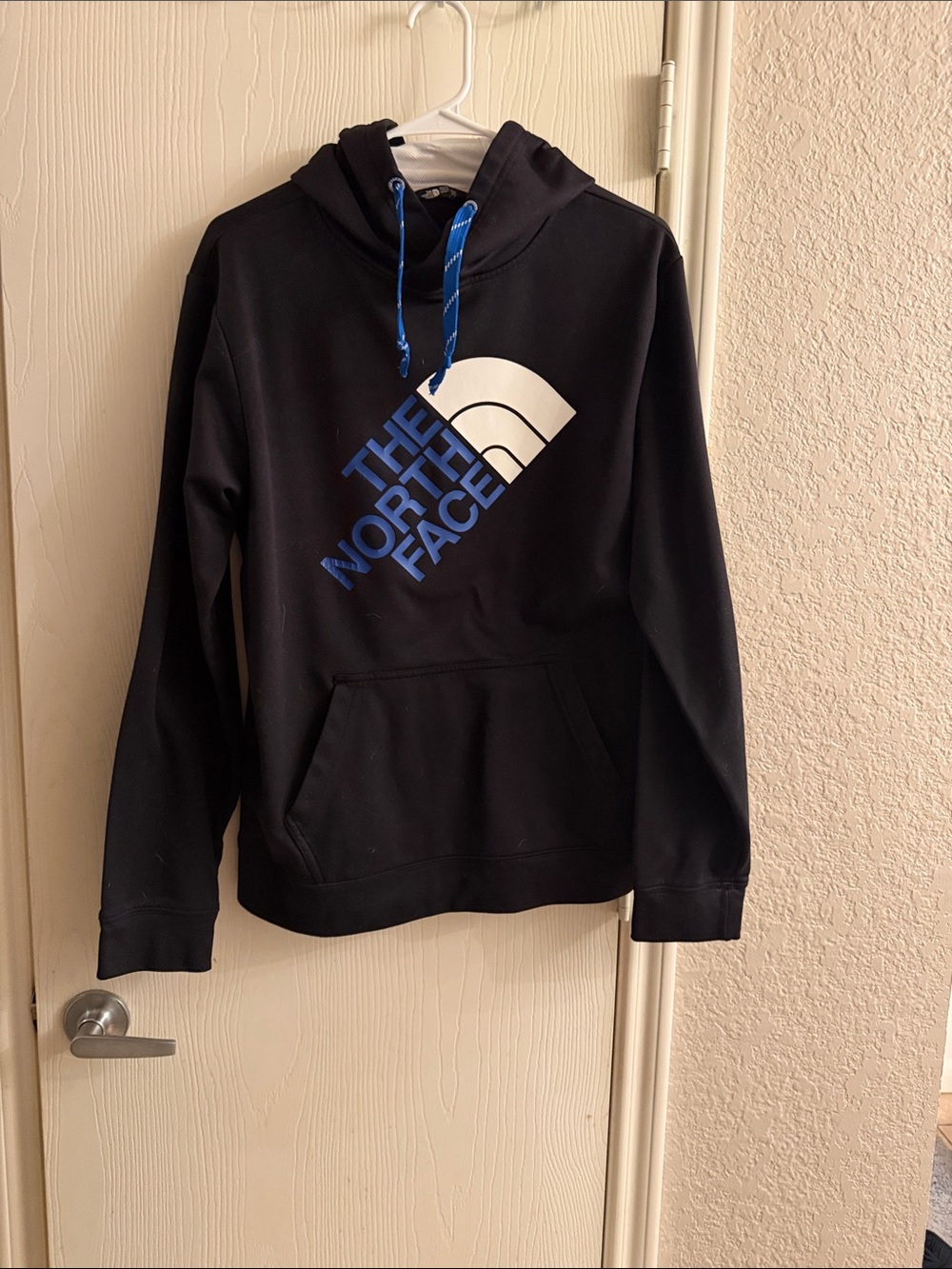 The North Face Black Crewneck Hoodie with Blue and White Logo
